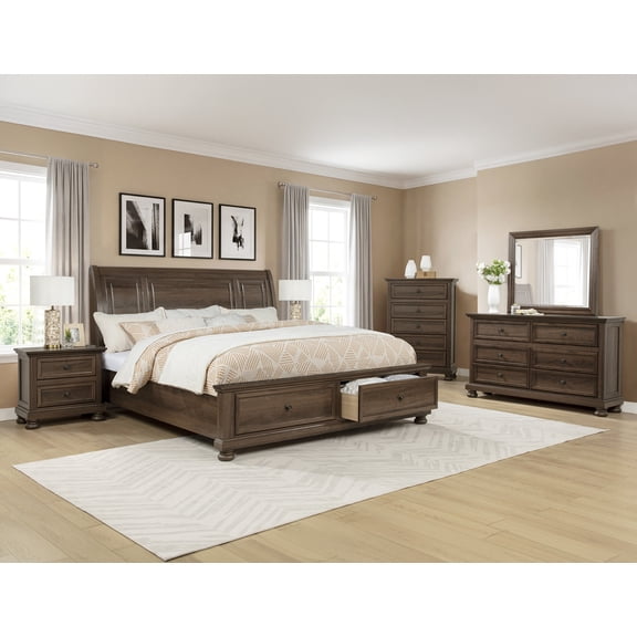 6pc Brown Finish Storage Queen Curve Bed Set Solid Wood Master Bedroom Furniture