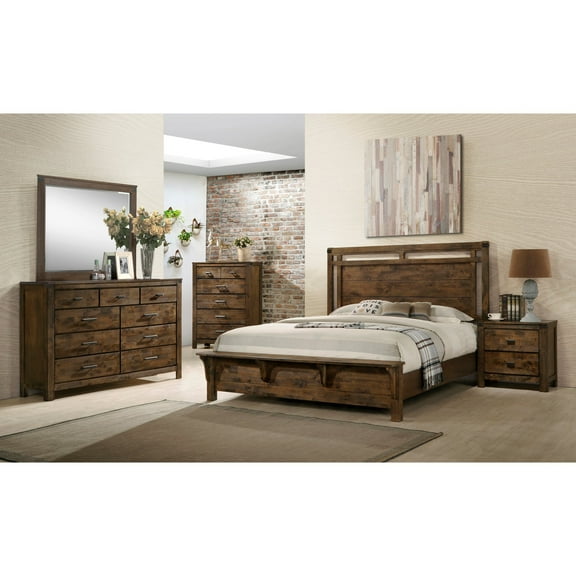 6pc Brown Rustic Finish King Size Bed Set Footboard Bench Solid Wood Adults Bedroom Esofastore