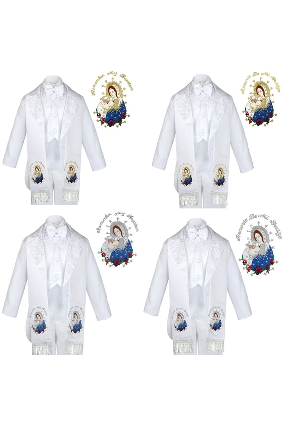 6pc Christening White Tuxedo English Spanish Colored Silver Gold Pope Mary Stole