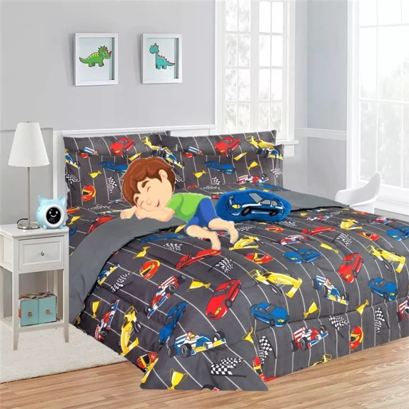 6-Piece Twin Comforter Set for Race Car Charcoal Soft, Reversible Bedding with Sheets, Pillowcase & Decorative Pillow