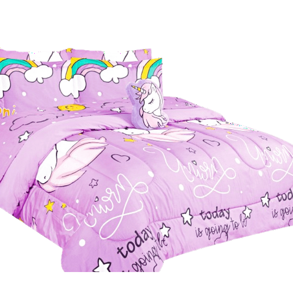6pc Comforter for kids' bedroom girl boy, Twin size unicorn light purple reversible fluffy soft includes 1 comforter, 1 sham,1 flat sheet , 1 fitted sheet, 1 pillowcase, 1 decorative pillow