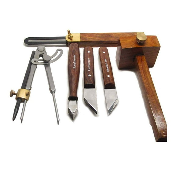 6pc Complete Professional Wood Marking/Striking Carving Drawing Knife Set with Sliding Bevel and Mortise/Marking Gauge & 8" Wing Compass with Brass holder for Scriber or Pencil