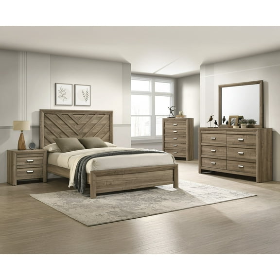 6pc Contemporary Design Brown Chevron Patterned Headboard Full Size Bed Set