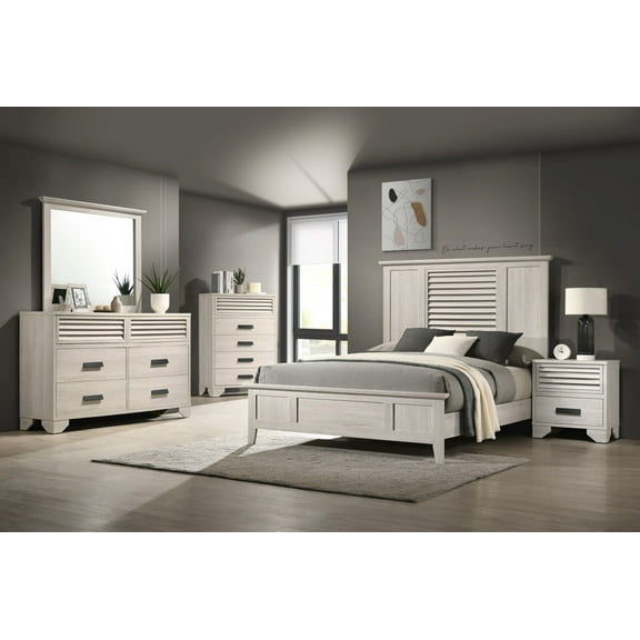 6pc Contemporary King Size Master Bedroom Set Panel Bed White Cream Solid Wood Wooden Furniture