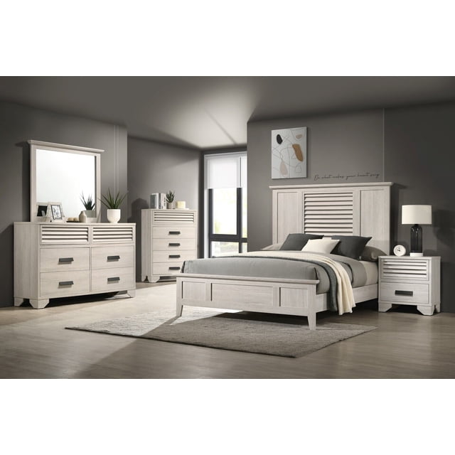 6pc Contemporary King Size Master Bedroom Set Panel Bed White Cream ...