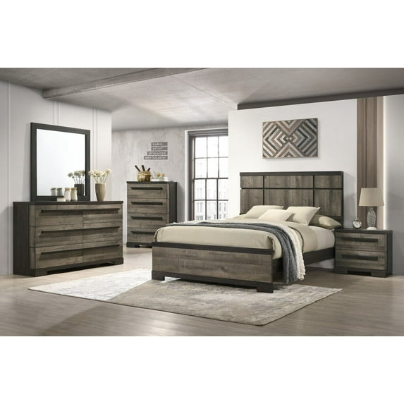 6pc Contemporary Queen Size Panel Bed Set Brown/Gray Finish Unique Wooden Bedroom Furniture