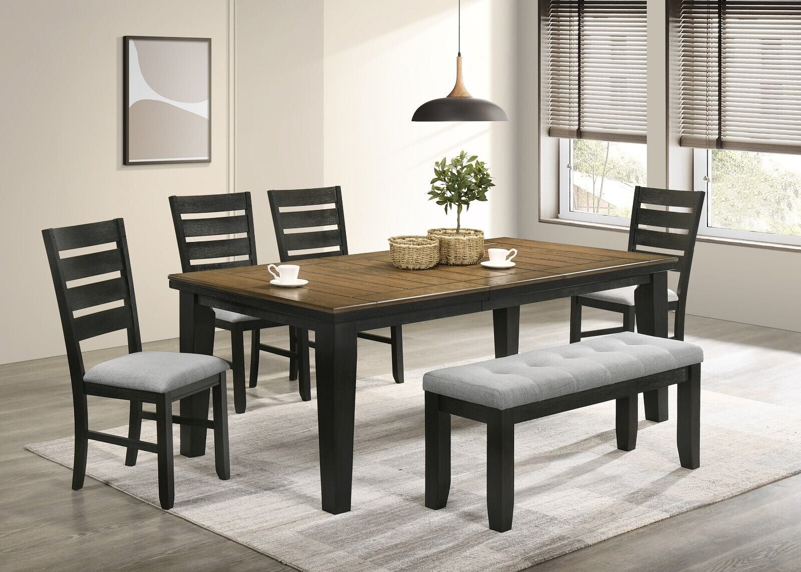 6pc Dining Room Set Extendable 18" Leaf Table Upholstered Chair Bench ...