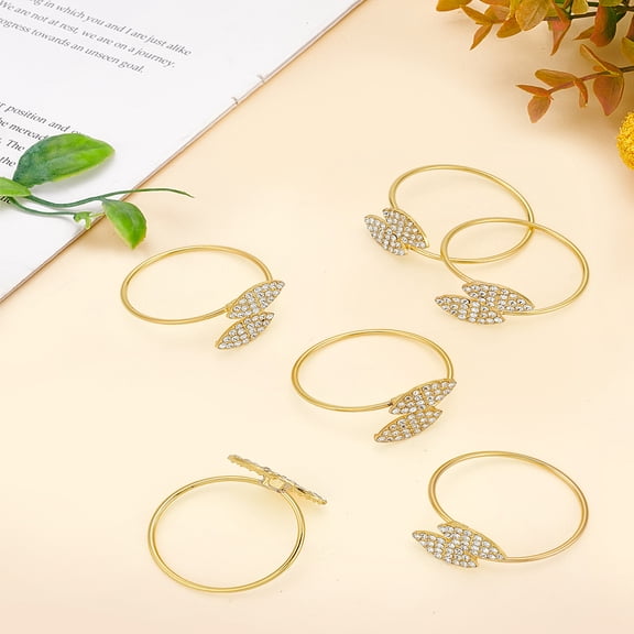 6pc Double Leaves Alloy Rhinestone Napkin Rings Napkin Holder Adornment for Place Settings Golden 49x45.5x2mm