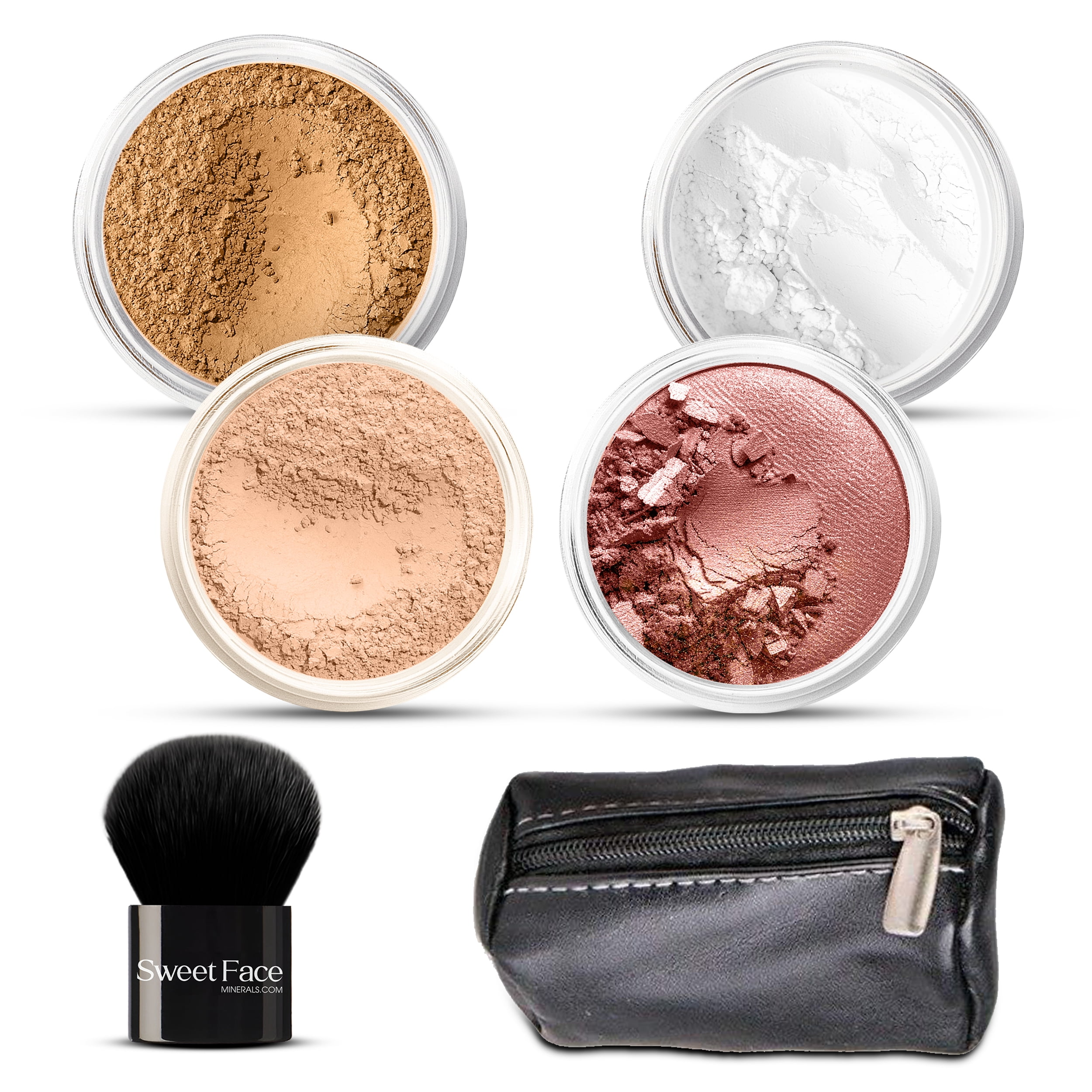 6pc FULL SIZE KIT KABUKI & KABAGGIE Tote Mineral Makeup Set Matte Foundation Bare Face Sheer Powder Cover (Deep Tan)