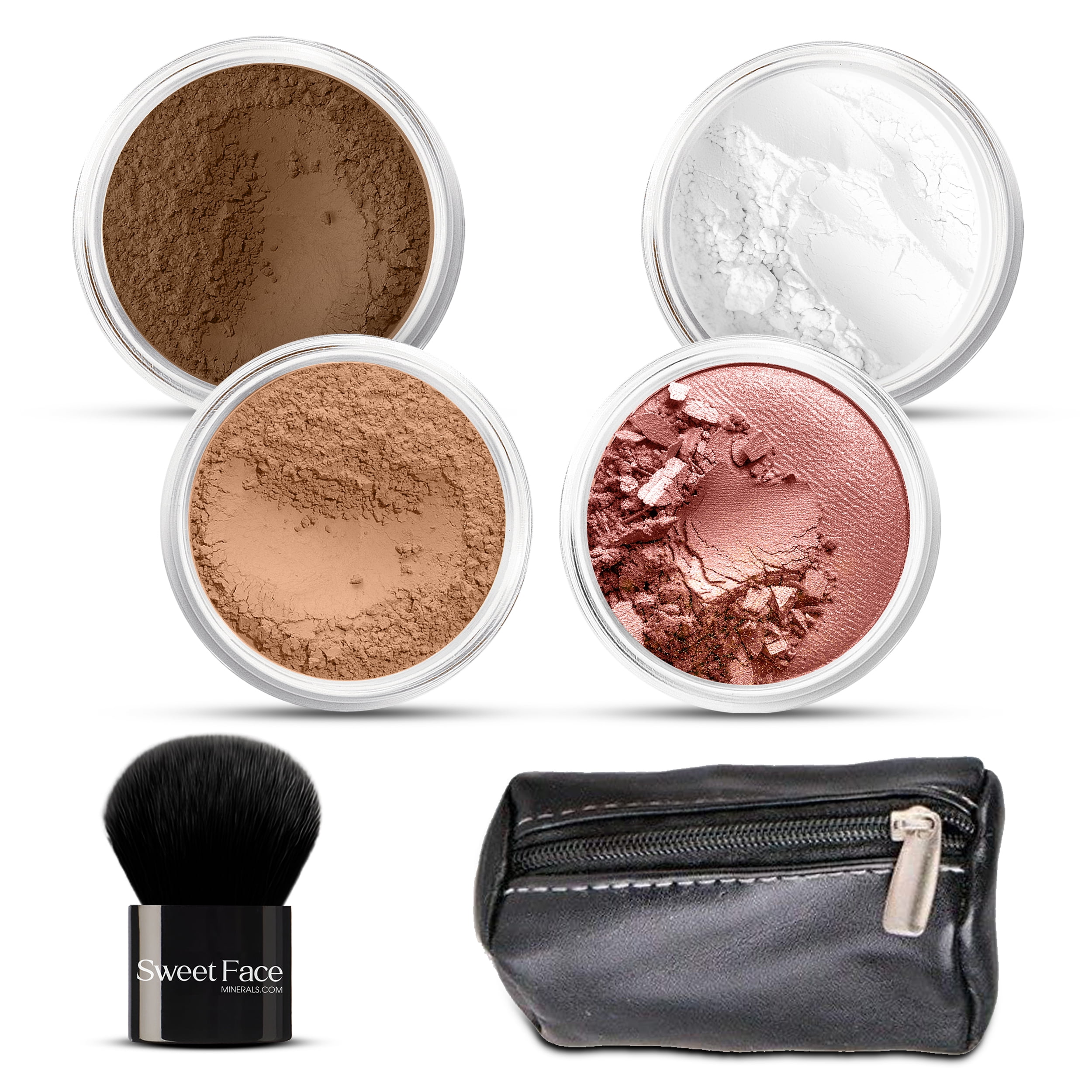 6pc FULL SIZE KIT KABUKI & KABAGGIE Tote Mineral Makeup Set Matte Foundation Bare Face Sheer Powder Cover (Ebony)