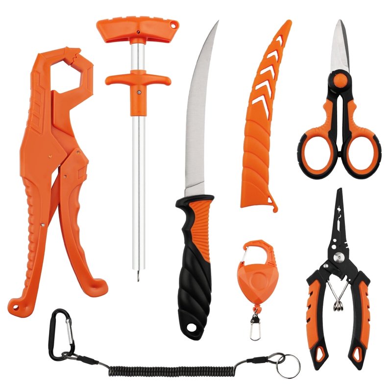 GOANDO 6pc Fishing Tool Set - Stainless Steel Pliers, Fillet Knife, Hook Remover, Fish Clip, Scissors, Lanyard
