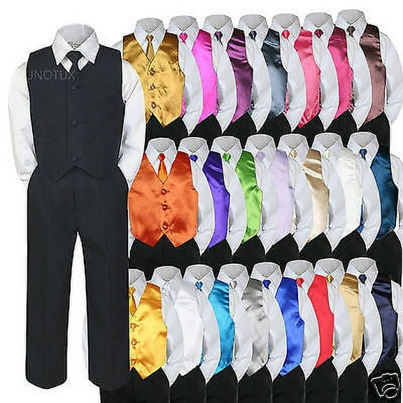 6pc Formal Baby Boy Toddler Black Vest Necktie Suit w/ Extra Color Vest Set S-7