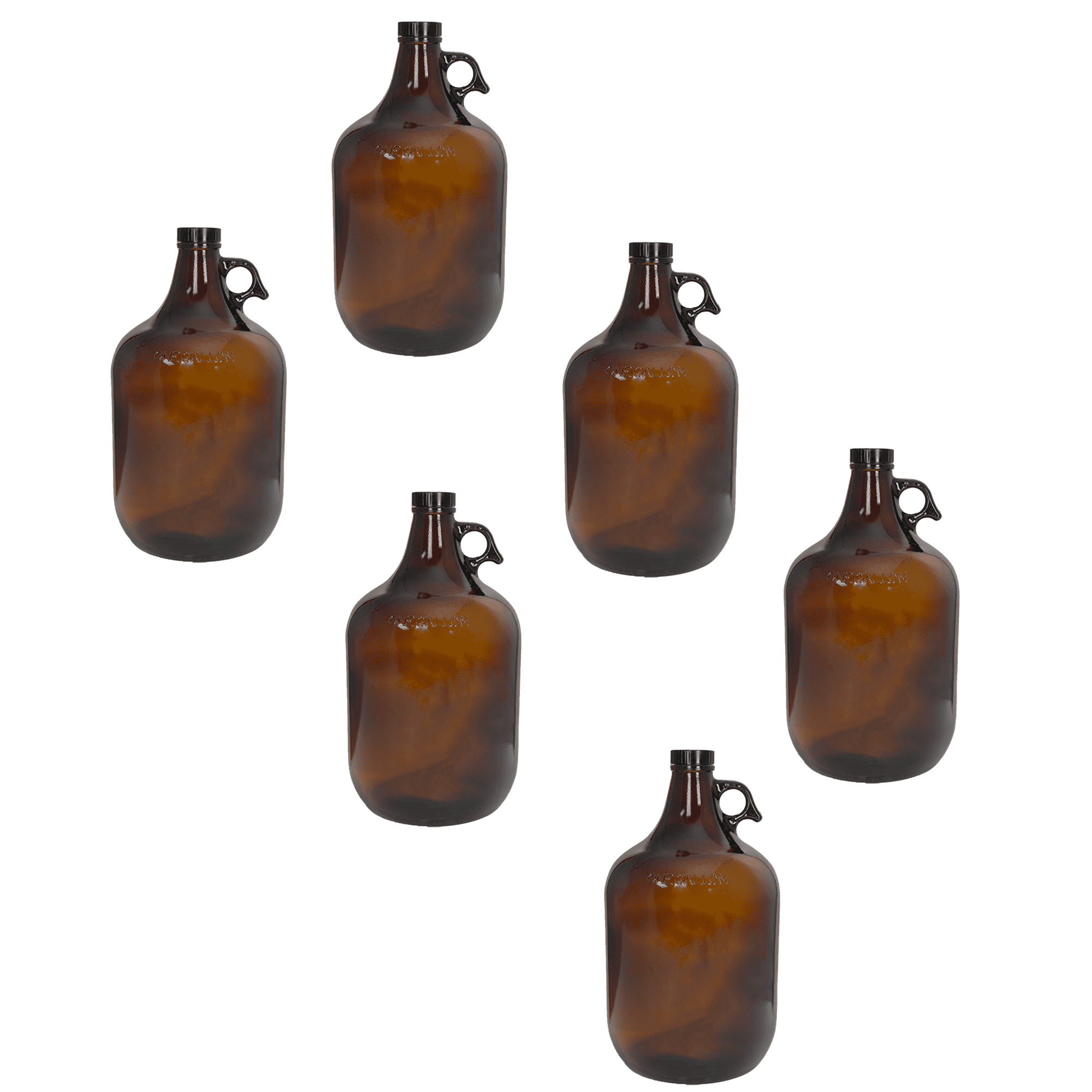 6pc Gallon (128 oz) Amber Glass Jug/Growler with 38mm Black Polyseal Lid & Cap | Ice N Cold