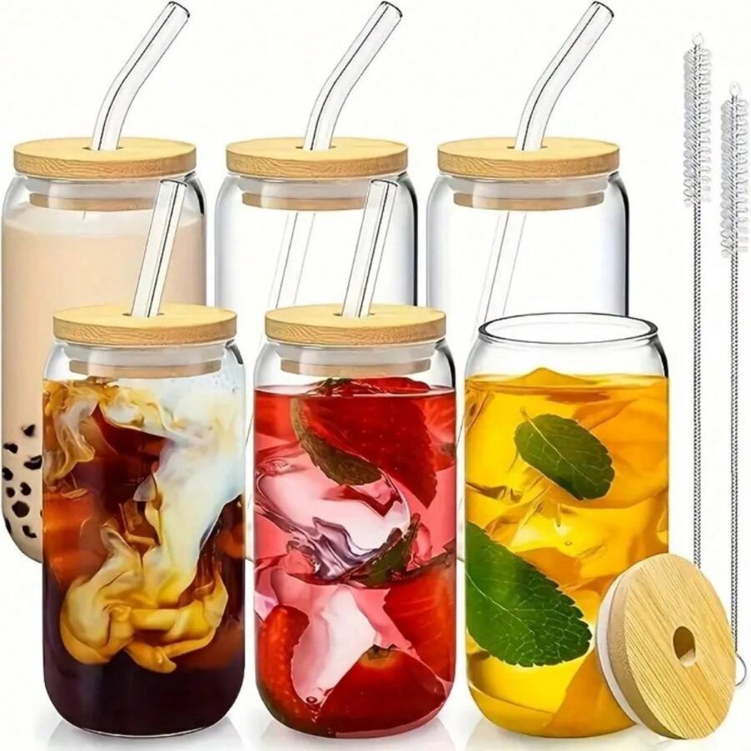 6pc, Glass Cup With Bamboo Lid And Glass Straw+Straw Brush, Exquisite ...