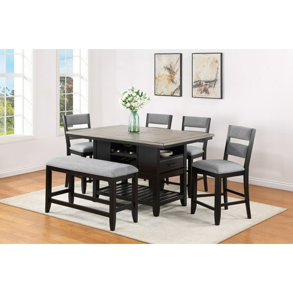6pc Gray Finish Counter Height Dining Room Set Table w Open Shelf Chairs