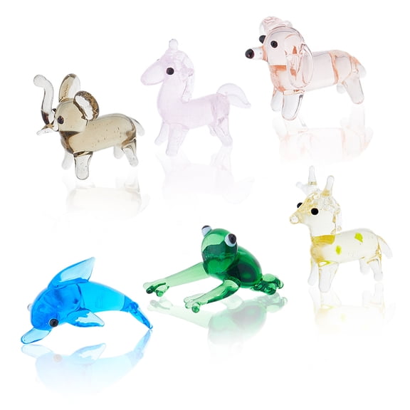 6pc Hand Blown Glass Figurines - Miniature Animal Glass Decor - Colorful Frog Sika Deer Elephant Dolphin Dog DIY