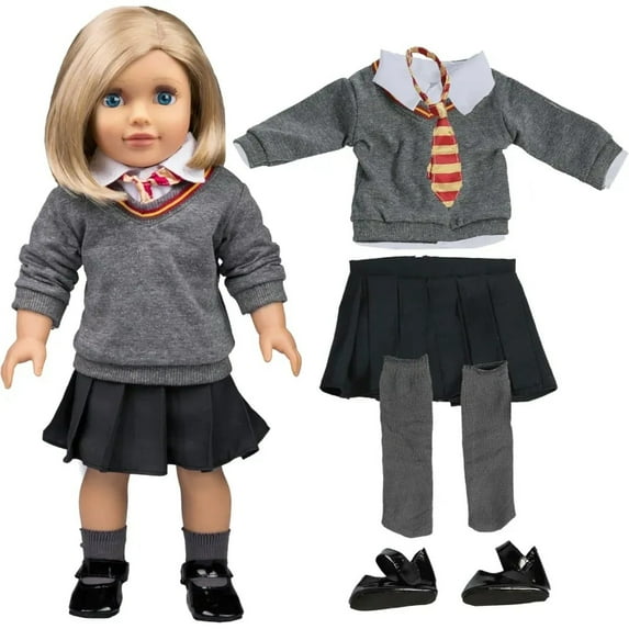 Dress Along Dolly 6pc Hermione Granger Inspired Outfit- 18" Doll Clothes & Accessory Compatible w American Girl Dolls- Hogwarts Like School Uniform- Feat Sweater Shirt Skirt Tie Socks Shoes- Gift Set