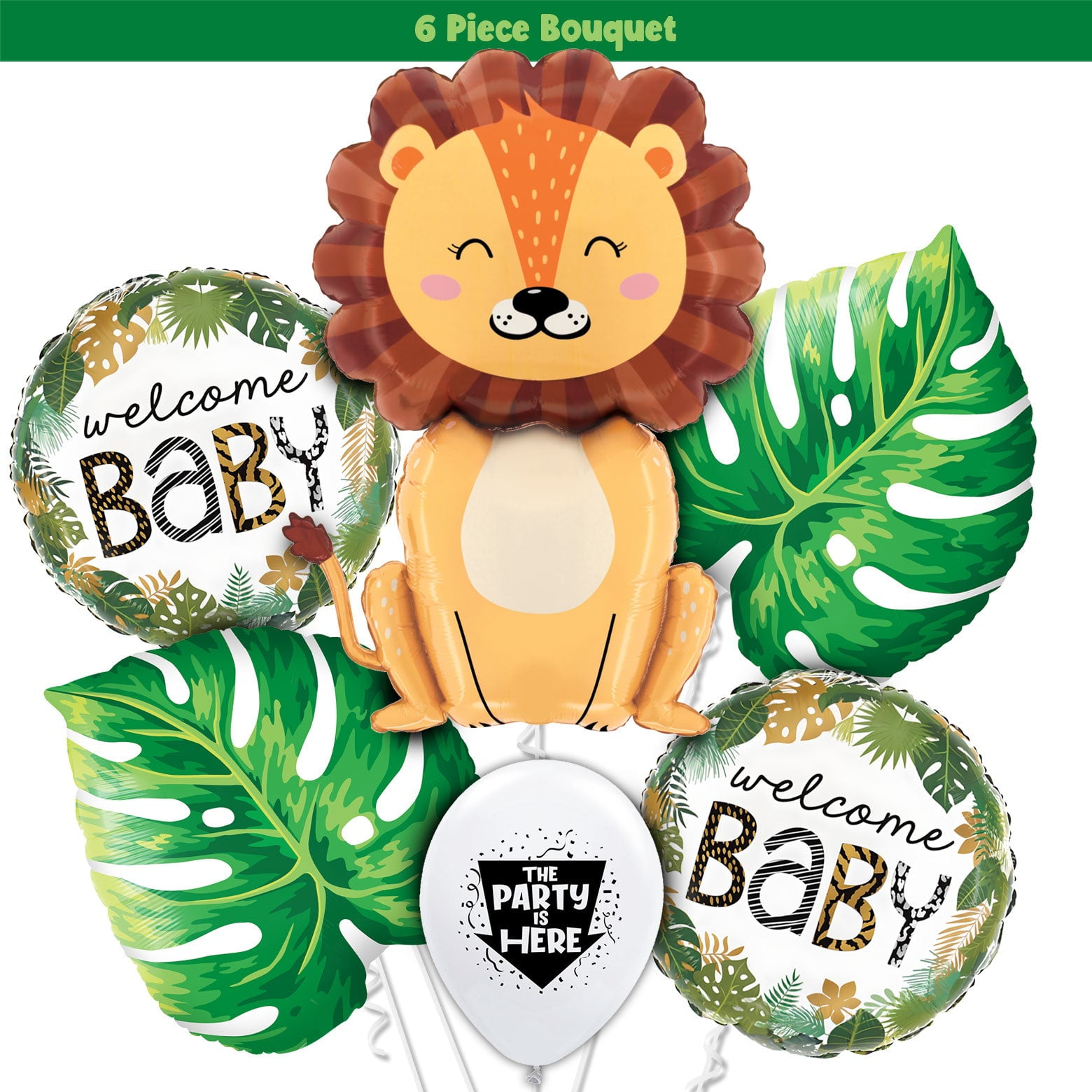 6pc Jungle Theme Welcome Baby Balloons with Lion Balloon Bouquet