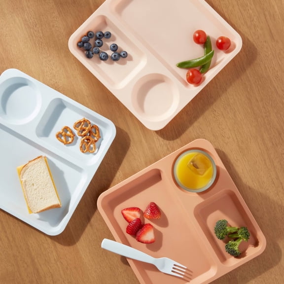 6pc Kids' 9.5" Plastic Square Divided Plates, Microwave & Dishwasher Safe, Sectioned Dinner Plates for Toddlers & Children