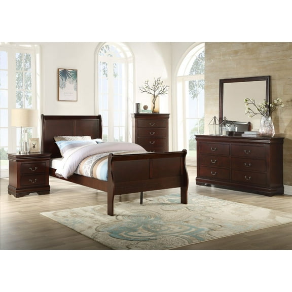 6pc Louis Philip Transitional Twin Size Bedroom Set Panel Bed Dresser Mirror Chest 2x Nightstands Cherry Brown Finish Wooden Furniture