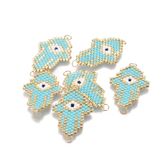 6pc MIYUKI & TOHO Handmade Japanese Seed Beads Links Loom Pattern Hamsa Hand/Hand of Fatima/Hand of Miriam with Evil Eye Turquoise 28~28.5x20~20.5x1.7mm Hole: 2.5mm
