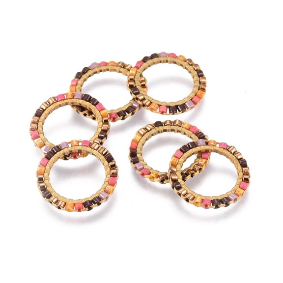 6pc MIYUKI & TOHO Handmade Japanese Seed Beads with Brass Link Rings Loom Pattern Ring Golden Colorful 15~16x1.8mmDIY