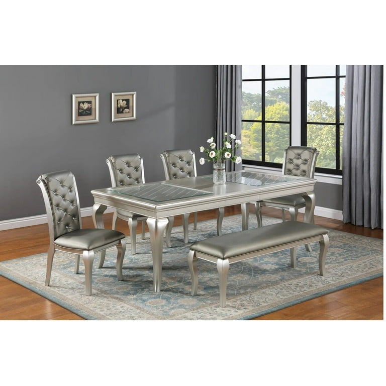 Esofastore 6 Piece Modern Silver Champagne Finish Extendable Dining Furniture Set with Chairs