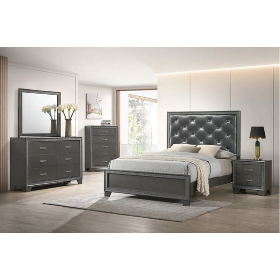 6pc Modern Glam Queen Size Panel Bed Set Button-Tufted Headboard Dark Gray Finish Bedroom Furniture