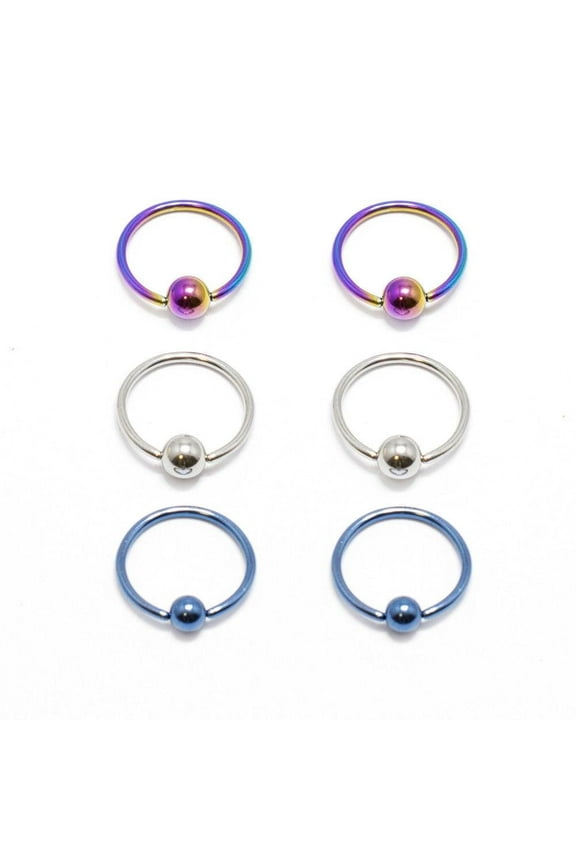 6pc Of Captive Bead Rings 16G Nose Lip Ear Cartilage Tragus Anodized Titanium