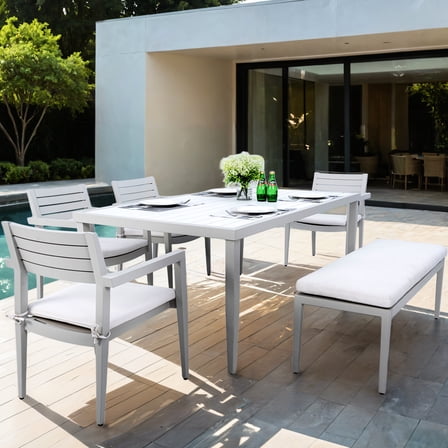 6pc Patio Furniture Dining , Aluminum Construction With 4 Chairs & 1 Bench, Cushioned, Matte White + Grayish Two-tone Table, Umbrella Hole, Rust , Comfortable Stylish Modern Bench Cushions,