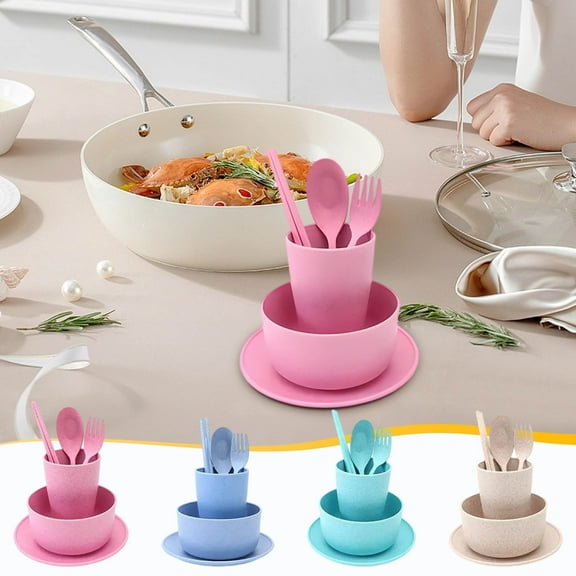 6pc Reusable Tableware Set - Portable Wheat Straw Bowls, Cups, Spoons, Forks, Slip-Proof Chopsticks, Plates • Stackable, Heat-Resistant, Home & Travel Dining, Durable Eco-Friendly Plastic