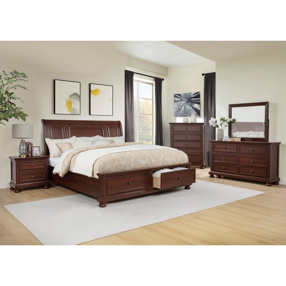 6pc Rich Cherry Finish Storage King Curve Bed Set Solid Wood Master Bedroom Furniture