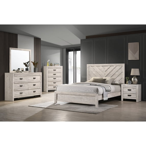 6pc Rustic Beige Gray Finish Queen Bed Set Geometric Design Headboard Solid Wood Wooden Furniture