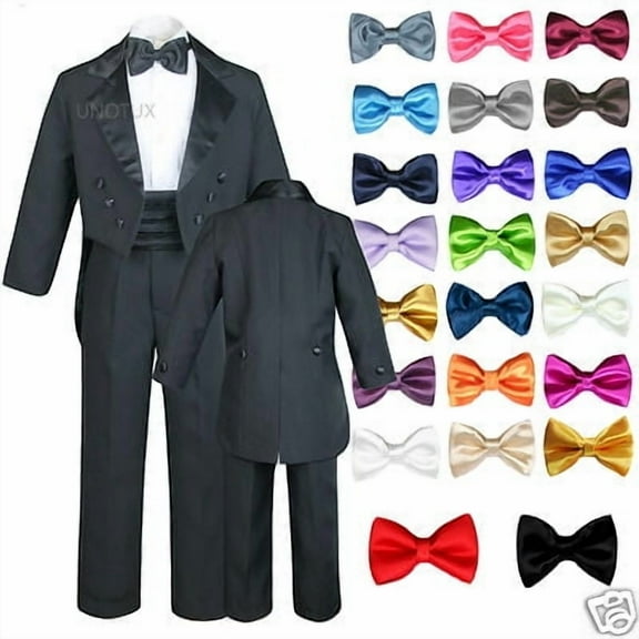 6pc Satin Bow Tie Baby Toddler Boy Formal Black Tail Tuxedo Suit S M L XL 2T-20