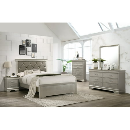 6pc Silver Finish Queen Size Upholstered Button Tufted Bed Storage Wood Furniture Bedroom Set