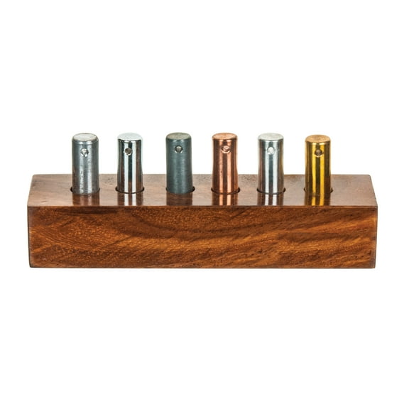6pc Specific Heat Metal Cylinders Set - Copper, Lead, Brass, Zinc, Iron & Aluminum - Includes Wooden Storage Block - For Specific Heat, Specific Gravity & Density Experimentation - Eisco Labs