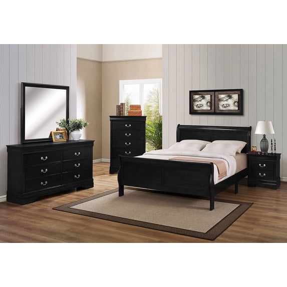 6pc Transitional Louis Philip Queen Panel Bed Set Dresser Mirror Nightstand Chest Black Finish Wooden Louise Bedroom Furniture