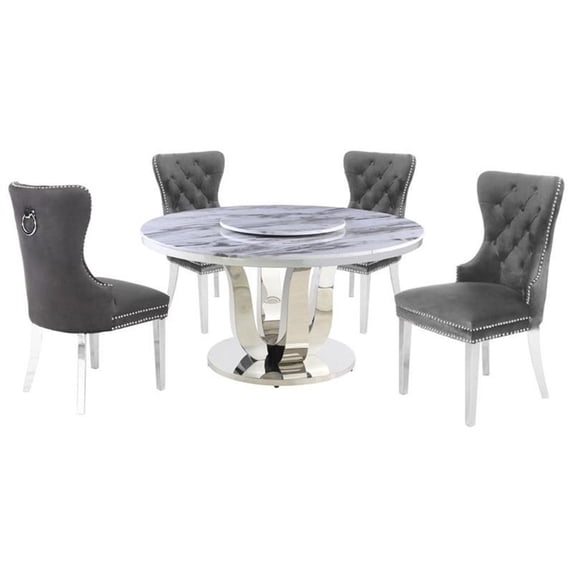 6pc. White Marble Dining Set with Lazy Susan and Silver Stainless Steel