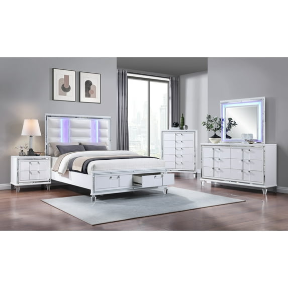 6pc White Upholstered Headboard LED Light Storage Footboard Queen Size Bed Set