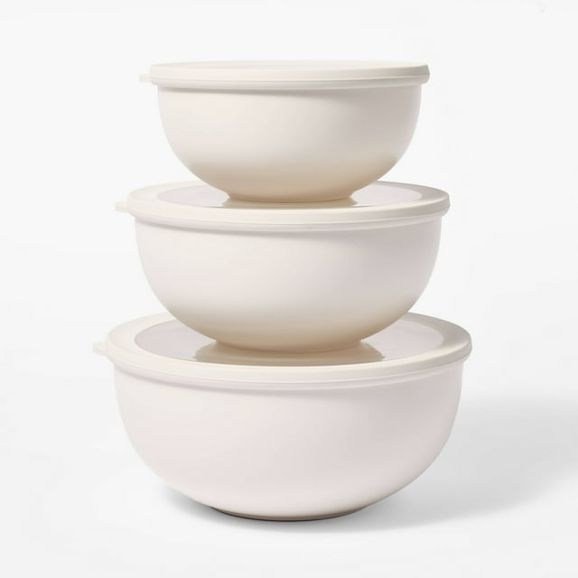 6pc (set of 3) Plastic Mixing Bowl Set with Lids Cream - Nesting, Dishwasher & Microwave-Safe