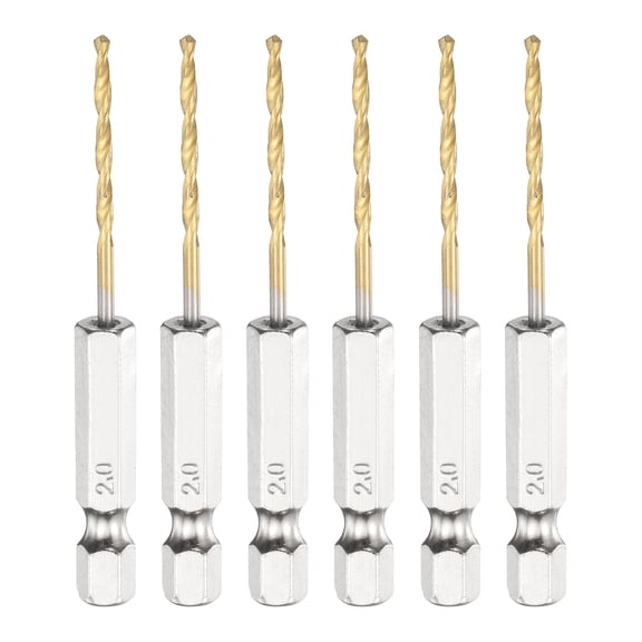 6pcs 1/4" Hex Shank Titanium Twist Drill Bit 2mm Drilling Dia High Speed Steel Drills for Hardened Metal, Stainless Steel, Cast Iron, Wood, Plastic