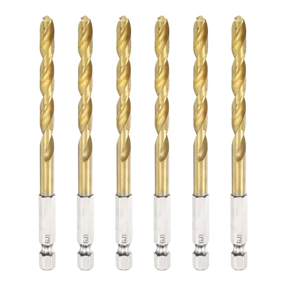 6pcs 1/4" Hex Shank Titanium Twist Drill Bit 6mm Drilling Dia High Speed Steel Drills for Hardened Metal, Stainless Steel, Cast Iron, Wood, Plastic