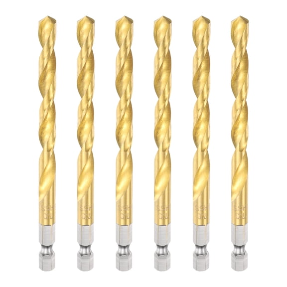 6pcs 1/4" Hex Shank Titanium Twist Drill Bit 7mm Drilling Dia High Speed Steel Drills for Hardened Metal, Stainless Steel, Cast Iron, Wood, Plastic