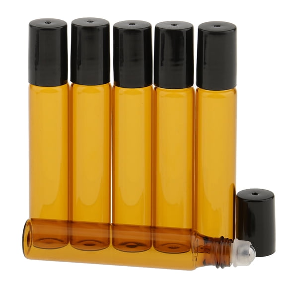 6pcs 10ml Small Empty Glass Roll On Bottle Vials Containers For Travel Essential Oils Perfume Makeup - Brown / Black / Stainless Steel Ball