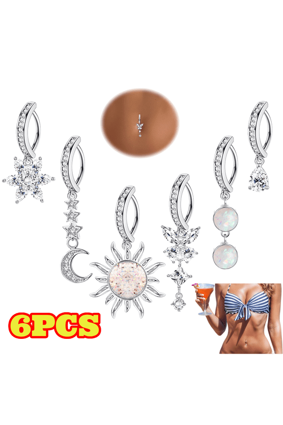 6pcs 14G Clicker Belly Button Rings, Stainless Steel Dangle Navel Rings for Women, Butterfly Moon CZ Body Belly Piercing Jewelry