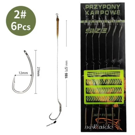 6pcs 18.5cm Carp Fishing Ready Made Hook 30-60LB 2/4/6/8# Leader Carp Fishing Hooks Europe Feeder Group Hooks Carp Tackle,27mm/12mm