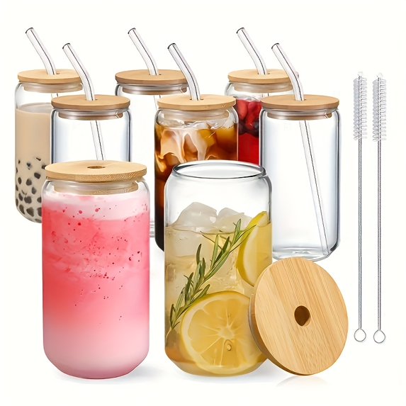 6pcs 18.6oz Glass Cup Set with Lid, Straw & Brush. Can Shaped Drinking Glasses for Any Beverage & Occasion