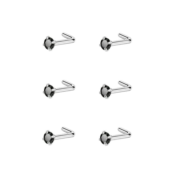 6pcs 18g 2.5mm Nose Rings Studs for Women Black CZ Nose Studs Silver 6.5mm Length L Shaped Nostril Piercing Jewelry 18 Gauge Nose Jewelry Surgical Steel L Bend Nose Stud