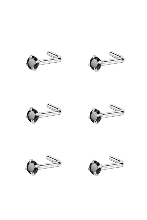 6pcs 18g 2.5mm Nose Rings Studs for Women Black CZ Nose Studs Silver 6.5mm Length L Shaped Nostril Piercing Jewelry 18 Gauge Nose Jewelry Surgical Steel L Bend Nose Stud