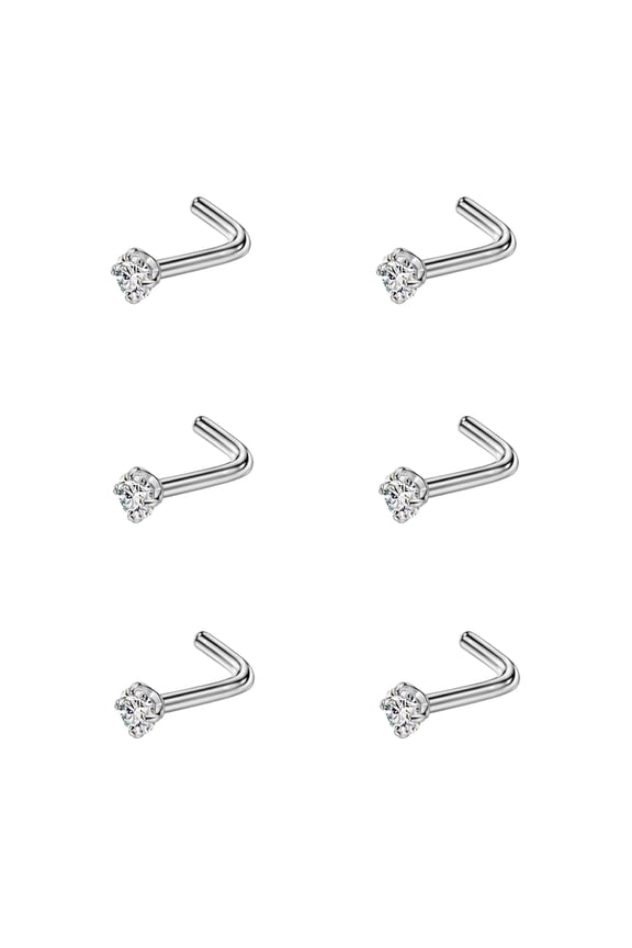 6pcs 18g 2.5mm Screw Nose Rings for Women Diamond CZ Nose Stud Rings Silver 6.5mm Length L Shaped Nostril Piercing Jewelry 18 Gauge Nose Jewelry G23 Titanium